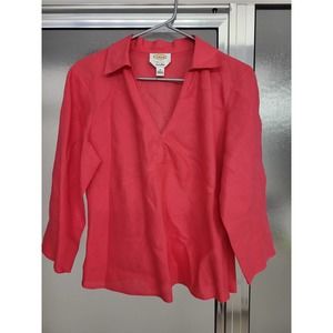 Talbots Irish Linen V Neck Shirt in Pink/Coral - Size 10